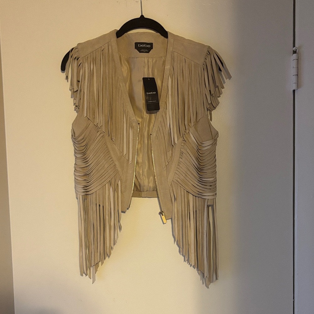 Bebe Beige Fringe Vest